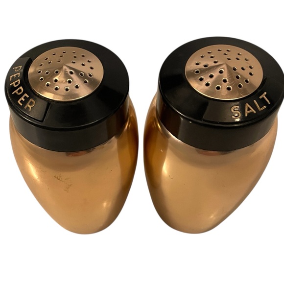 Vintage Aluminum Copper Finish Salt & Pepper Shakers Black Lids Lettering NICE - Picture 5 of 11